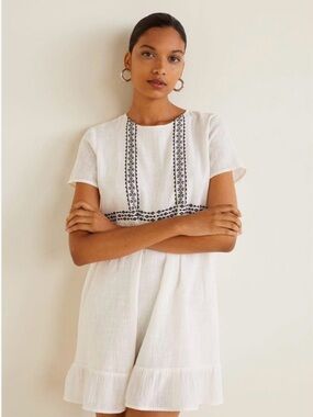 Mango White Embroidered Short Sleeve Shift Dress Size S